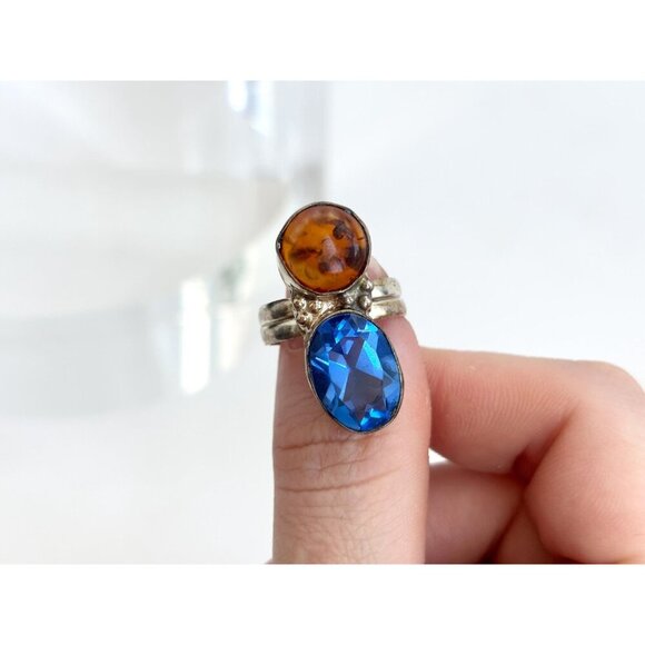 Blue Topaz & Natural Baltic Amber Modernist Sterling Silver Vintage Ring sz 5.75 - Picture 10 of 10